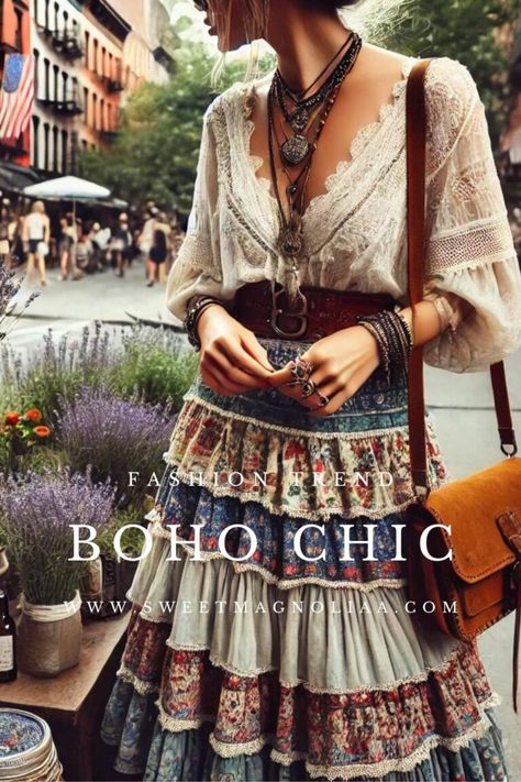 Boho Decor + Fashion: Mastering Boho Dresses and Interiors - Sweet Magnoliaa Dress 2025 Trend, Gypsycore Fashion Aesthetic, Hippie Elegante Boho Style, Boho Clothes For Older Women, Boho Chic Outfits Bohemian, Romani Fashion, Winter Hippie Outfits Boho, Chic Boho Outfits, Boho Fashion Over 50