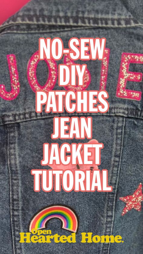 DIY Patch Jean Jacket - Patch Denim Jacket Outfit, How To Bedazzle Jean Jacket, Jean Jacket Decorating Party, Iron On Patches Ideas Clothes Denim, Diy Patch Denim Jacket, Decorating Jean Jackets Diy, Bling Denim Jacket Diy, Diy Patch Jean Jacket, Denim Jacket With Patches Diy