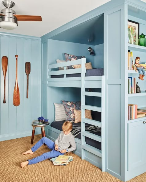 child's bedroom with built in bunk beds blue paint aquitaine by sherwin williams Meredith Ellis, Ross Taylor, Built In Bunk Beds, Bunk Room Ideas, Bunk Beds Built In, Built In Bunks, Bunk Rooms, Kid Rooms, Shared Room