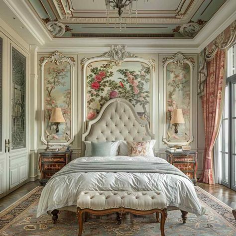 Rococo Modern Interior, French Chateau Interiors Bedrooms, Baroque Bedroom Ideas, French Baroque Interior, French Chateau Bedroom, French Interior Design Parisian Style, Bridgerton Room, French Chateau Exterior, French Provincial Interior Design