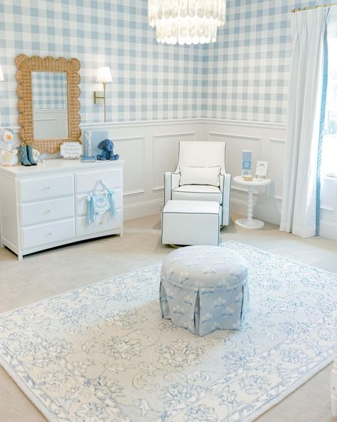 When your dream nursery comes together. This sweet baby boy’s room features our Luca Glider and Ottoman in our Performance Microfibre White with Denim Blue Piping, both with a gold swivel base. We love the pop of blue 🩵 #montedesign Grandmillenial Nursery Ideas, Blue And White Gingham Nursery, Traditional Blue And White Nursery, Blue Trim Nursery, Light Blue Baby Girl Nursery, Grandmellinial Nursery, Baby Blue Boy Nursery, Light Blue Boy Nursery, Blue And Green Nursery Boy