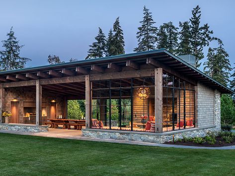 Case Study: Whidbey Fieldhouse by Hoedemaker Pfeiffer Garden Pavilion, Casa Country, Built In Bbq, Built In Seating, Timber Structure, Modern Architecture House, Pole Barn Homes, Residential Design, Design Case