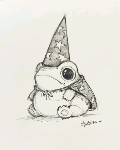 Frog Pen Drawing, Drawing Frog Cute, Wizard Frog Drawing, Frog Hat Drawing, How To Draw Cute Stuff, Ideas Dibujos Inspiration, Tiny Frog Drawing, Cute Pen Drawings, Aesthetic Pictures To Draw