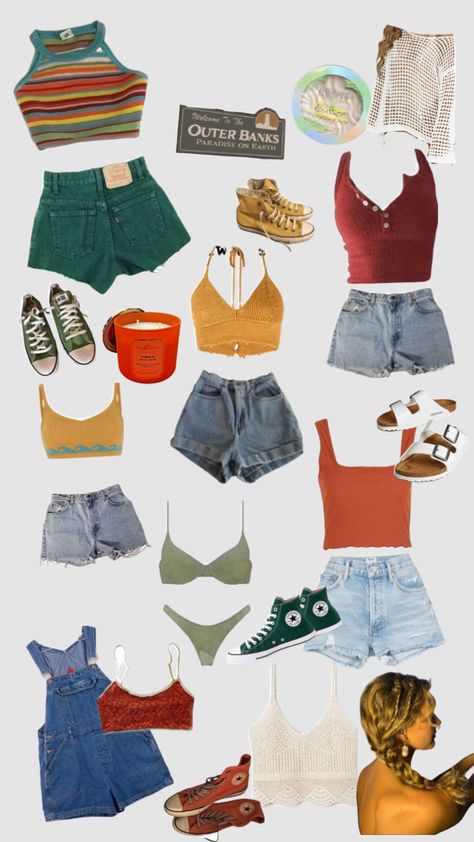 Summer Outfits Aesthetic Beach Vintage, Spring Beach Outfits Casual, Beach Hippy Outfit, Out Banks Outfits, Beach Outfit School, Pouge Life Inspired Outfits, Obx Clothing Style, Outfits To Wear In Costa Rica, Trip To Hawaii Outfits