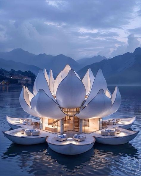 Khmer House, Unusual Houses, Water Lotus, Garden Aesthetics, Scifi Artwork, Floating Architecture, Quantum Entanglement, Ocean Resort, Futuristic Home