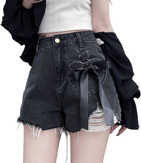 ZLMuMulin Y2K Harajuku Style Kawaii Pastel Gothic Fashion High Waisted Wide Leg Vintage Ribbon Ripped Jeans Shorts Goth Fashion Casual, Goth Kawaii Fashion, Drama Clothes, Harajuku Fashion Kawaii, Ripped Jeans Shorts, Kawaii Shorts, Grey Clothing, Y2k Harajuku, Kawaii Pastel Goth