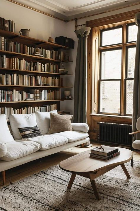 Small Home Library Ideas, Reading Environment, Small Home Libraries, Small Home Library, Bookshelf Designs, Library Shelving, Midcentury Interior, Library Living Room, Bookshelves In Living Room