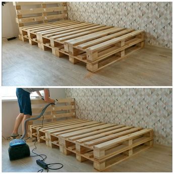 HI! Today i will show you how to make simple bed frame from standard EUR pallets (120 cm x 80 cm) for a 100 cm x 200 cm bed. It took me about 4-5 hours to complete, designing as we went. Materials:7 standard EUR pallets (120 CM long x 80 cm wide) In Europe, all pallets are safe to use - just look for HT for heat treated. But i ordered a new pallets, so i'm fully sure that they are safe for health. If you will use old pallets, make sure your pallets don't have nasty stuff on them b… Palette Bed, Pallet Bed Frame Diy, Wood Pallet Beds, Pallet Bed Frames, Make A Bed, Pallet Bed Frame, Simple Bed Frame, Diy Pallet Bed, Pallet Beds