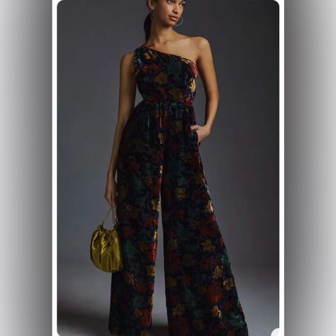 Hutch For Anthropologie One Shoulder Velvet Jumpsuit In A Size 4. Black With Beautiful Multi Colored Prints. Brand New With Tags! Velvet Jumper, Floral Print Jumpsuit, Velvet Jumpsuit, Cropped Wide Leg Pants, Sequin Jumpsuit, Print Jumpsuit, Pink Jumpsuit, Floral Romper, Long Sleeve Romper