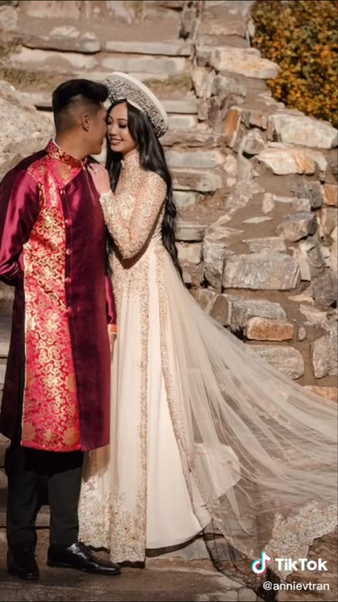 Red Vietnamese Wedding Dress, Viet Wedding Dress, Vietnam Wedding Dress, Ao Dai Wedding Couple, Ao Dai Wedding Photoshoot, Viet Tea Ceremony, Vietnamese Engagement Photos, White Ao Dai Wedding Dress, Vietnamese Tea Ceremony Ao Dai