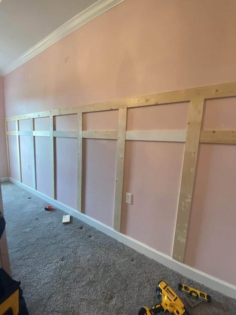 Floral Board & Batten Accent Wall - Build It Thrifty Trim Work On Walls Bedroom, Kids Room Board And Batten, Pink Wood Accent Wall, Kids Accent Wall Ideas, Girl Nursery Accent Wall Ideas, Girls Accent Wall, Pink Accent Wall Nursery, Girl Nursery Accent Wall, Accent Wall Girls Bedroom