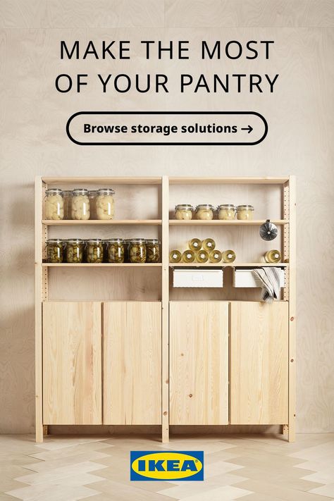 Put your kitchen supplies in instant view with our pantry organization ideas. From pantry shelves to baskets, make the most of your space. Food Storage Cabinet Ideas, Diy Pantry Shelves Free Standing, Pantry Ikea Organization, Pantry Shelving Ideas Ikea, Pantry Ideas For No Pantry, No Pantry Kitchen Organization, Ikea Pantry Shelves, Movable Pantry, Kitchen Pantry Ideas Freestanding