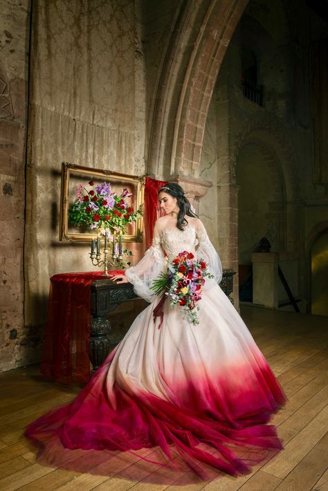 White And Red Wedding, Dip Dye Wedding Dress, Dye Wedding Dress, Hedingham Castle, Burgundy Wedding Dress, Ombre Wedding Dress, Cream Wedding Dresses, Red Weddings, Colourful Dress