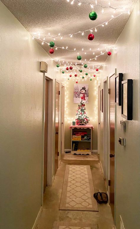 Budget Friendly Hallway Christmas Decoration Christmas Ideas For Hallways, Christmas Lights Down Hallway, Colored Christmas Lights Aesthetic, Christmas Decorating Hallway, Indoor Christmas Decorations Hallway, Hallway Decor Christmas, Christmas Lights Ceiling Hallway, Christmas Hall Decorations Hallways, Lights In Hallway Ceilings Christmas