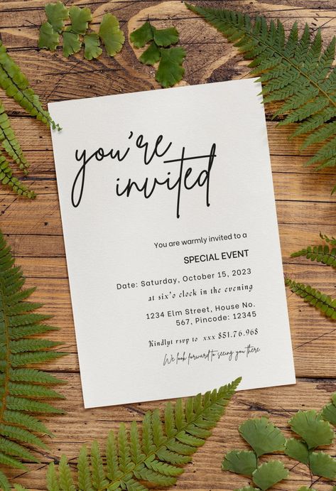 Modern business invitation template with gold foil accents and floral elements. Editable with Microsoft Word or Google. #You’re_Invited_Cards #You're_Invited_Invitation #Business_Invitation_Card_Design_Creative #Invitation_Business_Event You’re Invited Cards, You're Invited Invitation, Business Invitation Card Design Creative, You Are Invited Invitations, Birthday Card Inspo, Event Launch, Invitation Business, College Event, Minimalist Poster Design