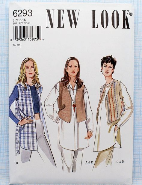 New Look Sewing Pattern 6293, Misses' Loose-fitting Shirt, Cropped Vest and Waistcoat, Uncut/FF, Misses' Size 6 8 10 12 14 16 Womens Vest Pattern, Vest Pattern Sewing, Tops Sewing Patterns, Vest Sewing, Unique Sewing Patterns, Diy Skirts, Tops Sewing, Vest Sewing Pattern, Diy Pants