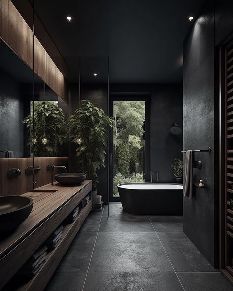 Black Stone Modern Bathroom Double Vanity Black Walls Dark Modern Bathroom, All Black Bathroom, Dark Modern House, Black Tile Bathrooms, Modern Black Bathroom, Dark Bathroom Ideas, Dark Bathroom, Bathroom Design Black, Dark Bathrooms