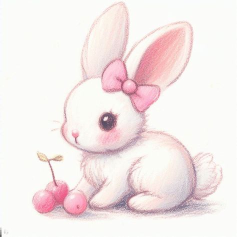 Coquette white bunny with bow, trendy, soft art, kawaii art, cute color pencil sketch, Japanese art, Korean art Cute Drawings Of Rabbits, Cute Animals Aesthetic Drawing, Drawing Cute Rabbit, Couqutte Aesthetic Drawing, Cute Rabbit Painting, Cute Drawings Rabbit, Coquette Animals Painting, Cute Animals Drawings Cartoon, Pink Bunny Drawing