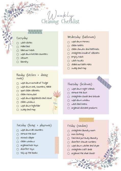 Weekly Cleaning Schedule Floral Theme Printable - Etsy #Guide #Cleaning #The #Creating #Ultimate #HomeTrends #Tidy #Creating #a #Home #Guide #Schedule #for #a #to #Cleaning #Home To Do List Home Cleaning, Cleaning Schedule Aesthetic, Everyday Cleaning Schedule, Daily Cleaning Schedule Printable Free, Cleaning Schedule Room, Weekly Cleaning Schedule Printable Free, Weekly House Cleaning Schedule, House Routine, Bullet Journal Cleaning Schedule