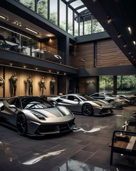 Modern Mansion Garage, Modern Car Garage Design, Huge Garage With Cars, Luxury Car Garage Aesthetic, Luxury Car Garage Design Dream Houses, Aesthetic Car Garage, Luxury Garage Interior Design, Garage Luxury Design, Luxury House With Cars