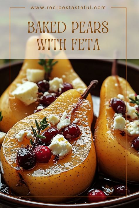 A delightful combination of sweet and savory, these baked pears are filled with creamy feta and tart cranberries, drizzled with honey, and sprinkled with fresh thyme. Perfect as an appetizer or a light dessert! Savory Pear Recipes, Feta Honey, Cranberry Delight, Goat Cheese Honey, Fresh Cranberry Recipes, Roasted Pears, Thanksgiving Vegetables, Cranberry Dessert, Light Dessert