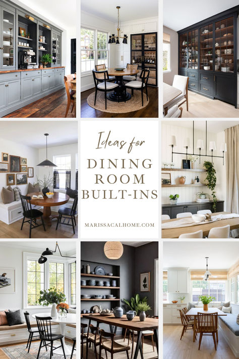 Let's break down all the types of dining room built-ins and if they're right for your space.  Besides adding beauty and storage, a benefit to dining room built-ins is getting rid of a big empty wall that is so common in builder-grade homes these days.  Extra cabinets and window seats in a dining room or breakfast nook are great, but won’t work for every space. How can you figure out if they’re right for your room? Dining Room Fitted Furniture, Wall Of Shelves Dining Room, Dining Room Built In Buffet Under Window, Four Season Dining Room, Modern Farmhouse Dining Room Built Ins, Semi Open Dining Room, Cabinets In Breakfast Area, Dining Room Extension Off Kitchen, Built In Dinning Cabinets