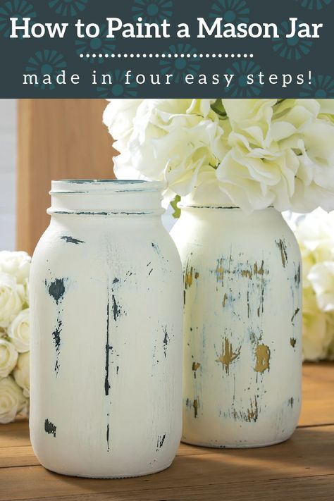 Painting Canning Jars, Painted Mason Jars Diy, Paint Mason Jars, Chalk Paint Mason Jars, Distressed Mason Jars, Painting Glass Jars, Colored Mason Jars, Jars Diy, Jar Crafts Diy