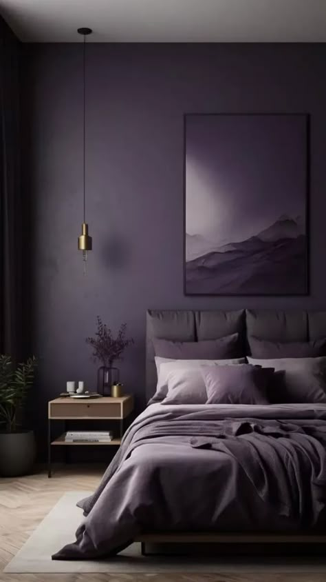 Bedroom Ideas Dark Purple, Dark Purple Room Paint, Parents Room Interior Design, Dark Purple Interior Paint, Dark Purple Interior Design, Dark Purple Decorations, Dark Purple Paint Colors Bedroom, Deep Purple Bedroom Ideas, Dark Purple Room Ideas