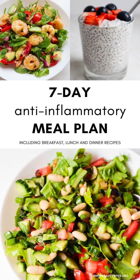 This 7-day anti-inflammatory diet meal plan can be the first step on your journey to reduce chronic inflammation and pain and to get back to living fully. The one-week menu includes anti-inflammatory recipes for breakfast, lunch and dinner! Low Inflammation Diet Meal Plan, 1 Week Anti Inflammation Diet, Anti Inflammation Turkey Recipes, Antiinflammatory Meals Gluten Free, Antiinflammatory Meals Breakfast Easy, Inflammation Detox Diet, Antiflammatory Diet Meal Plan, Anti Inflammation Diet Lunch, Simple Anti Inflammation Diet Recipes