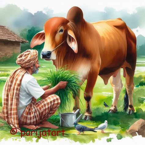 Indian Agriculture Painting, Farmer Painting, Village Boy, Water Colors Painting, Story Challenge, Cow Sketch, Indian Drawing, Africa Art Design, Cow Illustration