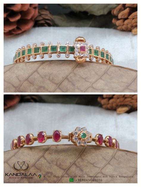 Kasulaperu Bangles, Single Line Diamond Bangles, Bangle Designs Gold, Gold Kada Bangles, Ruby Necklace Designs, Mughal Jewelry, Jewel Hair, Gold Kada, Green Stone Jewelry