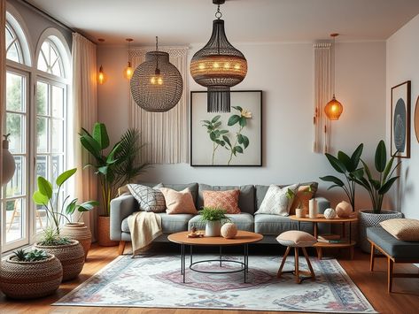 30 Modern Boho Living Room Ideas: Top Trends to Transform Your Space » Comfy Ideas Modern Boho Living Room With Fireplace, Cozy Moroccan Living Room, Chic Living Room Ideas Modern, Modern Living Room Decor With Plants, Modern Boho Living Room Gray Couch, Light Bohemian Living Room, Modern Boho Living Room Green Couch, Grey Sofa Living Room Ideas Boho, Cozy Boho Living Room Inspiration Modern