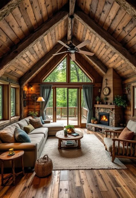 Small Cabin Interior Ideas Cabin With Fireplace In Middle, Timber Frame Cabin Interior, Cabin In The Woods Interior Design, Interior Forest House, Cabin Green Interior, Small Stone House Interiors, Cedar Cabin Interior Design, Small Home In The Woods, Forest Interior Design Living Room