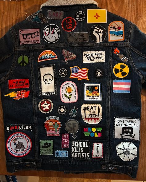 jean jacket back is all full !! can't wait till the entire coat is covered [the two blank spots are reserved for commissioned patches] Black Jean Jacket With Patches, Patches Jean Jacket, Punk Jacket Ideas, Jean Jacket With Patches, Jacket Accessories, Jean Jacket Patches, Jacket With Patches, Jacket Patches, Black Jean Jacket