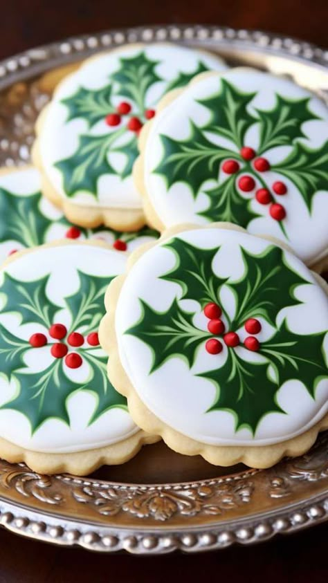 Holly Sugar Cookies Decorated, Wreath Cookies Royal Icing, Christmas Cookie Decorating Ideas, Faux Desserts, Christmas Cutout Cookies, Christmas Sugar Cookies Decorated, Christmas Cookie Decorating, Decorated Christmas Cookies, Pastry Ideas