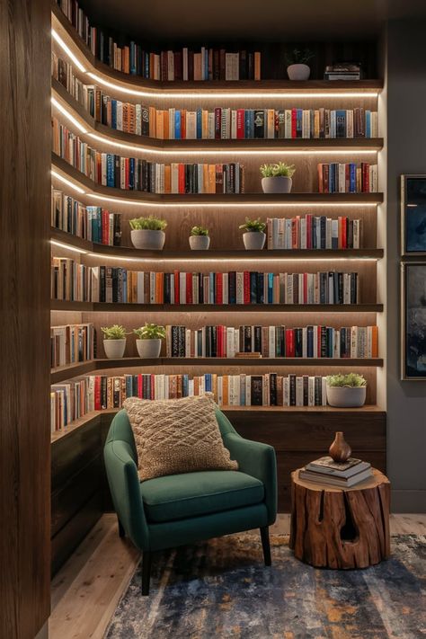 Craft a statement wall with LED-lit wooden shelves. Arrange your books with small planters and natural decor for a unique blend of warmth, functionality, and artistic design. #CozyBookshelf #HomeLibraryGoals #LEDDecor #WoodenShelves #InteriorStyling #BookLoversDecor #ModernRustic #GreeneryAndBooks #WarmLighting #FunctionalArt Book Case Stairs, Lit Up Bookshelves, Wall To Ceiling Bookshelves, Bookshelf Decoration Ideas, In Wall Bookshelves, Bookshelves Built In, Unique Shelves Creative Bookshelves, Backhouse Ideas, Book Shelf Ideas Living Room