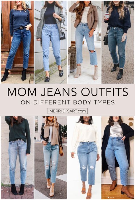 Mom Jeans Outfits: 4 Ways to Style Mom Jeans | Merrick's Art Fall Mom Jeans Outfit Casual, Mom Jeans Outfit Fall High Waist, What To Wear With Mom Jeans Summer, What To Wear With Mom Jeans Winter, High Waisted Jeans Outfit Spring, Weekend Jeans Outfit Casual, How To Wear Mom Jeans Outfits, High Waist Mom Jeans Outfits, Mom Jeans Office Outfit