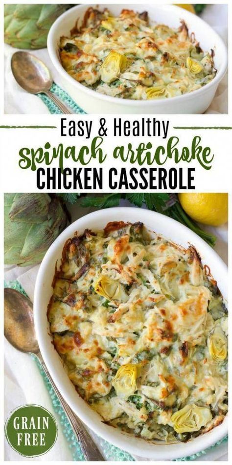 (Ad) This Healthy Spinach Artichoke Chicken Casserole is total comfort food. It’s easy to make, packed with protein, brimming with spinach and artichoke hearts and full of flavor. | Recipes to Nourish | Healthy Dinners | Gluten-free dinner recipes | Grain-free dinner recipes | healthy casserole | Easy gluten-free meals || #glutenfreedinners #healthymeals #healthydinner Healthy Spinach Artichoke Chicken, Spinach Artichoke Chicken Casserole, Grain Free Dinner, Healthy Chicken Casserole, Real Food Dinner, Spinach Artichoke Chicken, Plats Healthy, Healthy Casserole Recipes, Artichoke Chicken