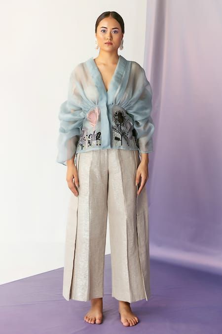 Buy Blue Organza Embroidery Garden Motifs V Neck Sheer Overlay For Women by FEBo6 Online at Aza Fashions. Organza Coordsets, Organza Shirts For Women, Organza Shirt Outfit, Party Tops For Women Classy, Organza Tops Designs, Organza Outfit, Organza Outer, Outer Organza, Organza Tops