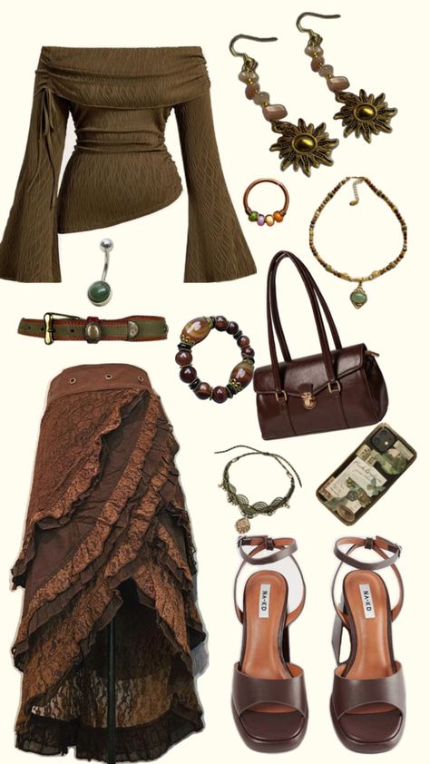 Earthy Spiritual outfit green brown hippie boho skirt crop top heels jewelry earrings Teachers Outfits, College Outfits Fall, Copenhagen Fashion Week Street Style, Mode Hippie, Earthy Outfits, Estilo Hippie, Hippie Style Clothing, Swaggy Outfits, Mode Inspo