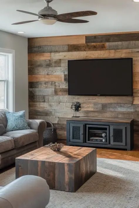 Transform your space with a reclaimed wood accent wall. This DIY project is straightforward and adds warmth to any room. Gather supplies such as reclaimed wood, nails, and a measuring tape, and get ready for a rewarding home upgrade. Not only will it enhance your décor, but it’s also an environmentally friendly choice. Perfect for living rooms, bedrooms, or anywhere you want a rustic touch! Follow step-by-step guidelines for installation and add your personal style to create a truly unique feature wall. Wooden Shiplap Wall, Wood Plank Accent Wall Living Room, Rustic Wood Accent Wall Living Room, Panaling Designs Living Room, Rustic Wall Paneling Ideas, Wood On Walls Ideas, Wood Feature Wall Living Room, Living Room Accent Wall Designs, Rustic Wood Accent Wall