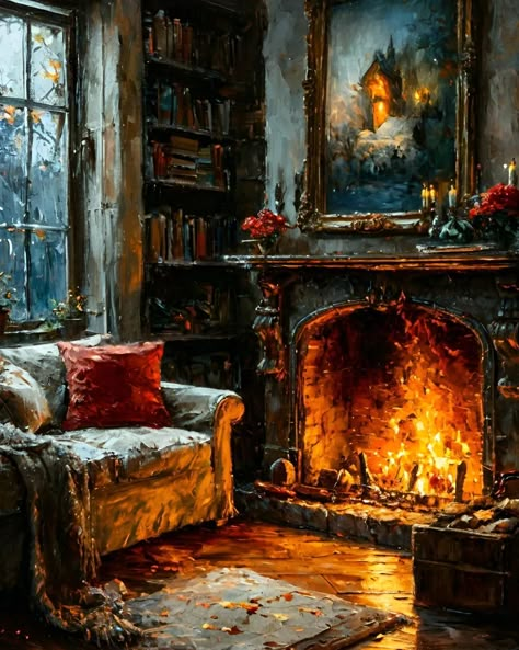 Warmth in the Heart This painting is done in a realistic style with elements of romanticism. It conveys a cozy and warm autumn atmosphere. Details such as the burning fireplace, falling leaves, and bright apples create a sense of peace and harmony. #nature #beautiful #dream #digitalpainting #fantasyart #surrealism #cozyvibes #autumnart #fireplace #realism #fallcolors Cozy Christmas Painting, Fireplace Reference, Fireplace Watercolor, Aesthetic Fireplace, Harmony Painting, Romanticism Paintings, Aged Art, Fireplace Painting, Cozy Living Room Warm