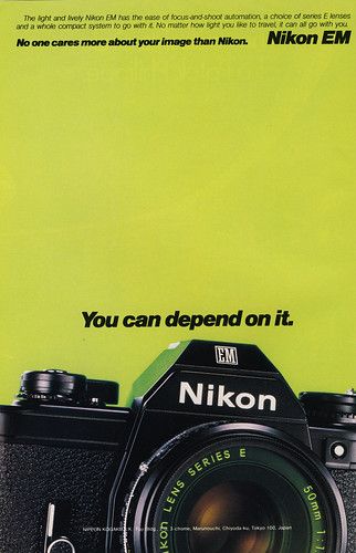 Camera Ads - Nikon EM | Interesting design. Browsing some ol… | Flickr Photography Ads, Camera Advertisement, Vintage Camera Decor, Camera Ads, Fotocamere Vintage, Camera Decor, Ad Inspiration, Nikon Camera, Vintage Photoshoot