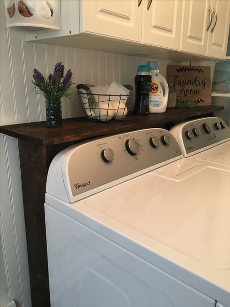 Laundry Room Shelf (Hide the gap and wires!) Laundry Room Side Shelves, Apartment Laundry Room Wire Shelves, Laundry Room Shelf To Hang Clothes, Laundry Room Washer Dryer Shelf, Laundry Storage Above Washer And Dryer, Over Laundry Shelf, Diy Shelves Above Washer And Dryer, Washer And Dryer Gap Ideas, Update Small Laundry Room