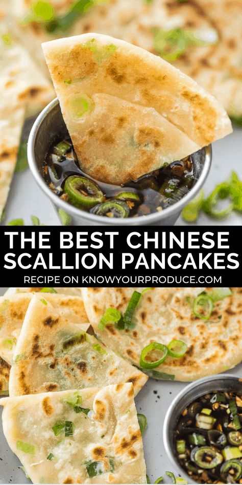 Scallion Pancakes are crispy on the outside, soft and chewy on the inside! They are also known as Cong You Bing and pair perfectly with our Chinese scallion pancake sauce. #scallions #pancakes #chinesefood #vegan #veganrecipes #vegetables #appetizers Scallions Pancakes, Pancake Sauce, Chinese Scallion Pancakes, Vegetables Appetizers, Scallion Pancake Recipe, Koreansk Mad, Scallion Pancakes, Asian Inspired Recipes, Chinese Cooking