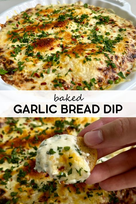 This cheesy baked garlic bread dip is loaded with roasted garlic and creamy cheeses- all the delicious flavors of garlic bread baked into a crowd-pleasing dip! Any recipe that begins with roasting garlic and shallots is guaranteed to be a hit and I love having simple recipes like this in my back pocket for when I need something quick and easy for an appetizer or snack! Garlic Bread Appetizer Appetizers, Baked Garlic Dip, Dips To Eat With Sourdough, Dips With Crusty Bread, Homemade Dips For Bread, Ruffles Dip Recipes, Cheese Dip Appetizers For Party, Focaccia And Dip, Garlic Dip For Bread