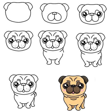 How To Draw A Dog Pug – 8 Simple Steps To Create A Cute Dog Pug Drawing Pug Dog Drawing, Pug Drawing, Easy Halloween Drawings, Mop Dog, Draw A Dog, Dog Drawing Simple, Pug Tattoo, Drawing Ideas For Kids, Easy Disney Drawings