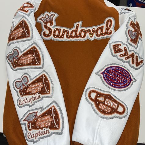 Follow us on IG @somethingstocheerabout to place your order we ship! Cheer letterman jacket rhinestones cheer Cheer Captain Letterman Jacket, Letterman Jacket Bible Verse, Letter Jackets Ideas High Schools, Letterman Jacket Cheerleader, Cheerleading Letterman Jackets, Varsity Jacket Inspiration, Highschool Varsity Jacket, Highschool Letterman Jacket, Lettermen Jacket Ideas