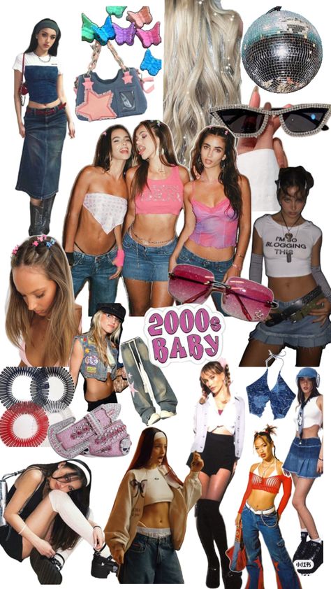 90s Fashion Pop Star, Disco Y2k Outfits, 2000s Outfit Inspo Party, Early 2000s Fashion Mini Skirts, Y2k Party Ideas Outfit, Y2k Style Board, 200os Fashion, 90s 2000s Fashion Outfits Party, Y2k Party Theme Outfit