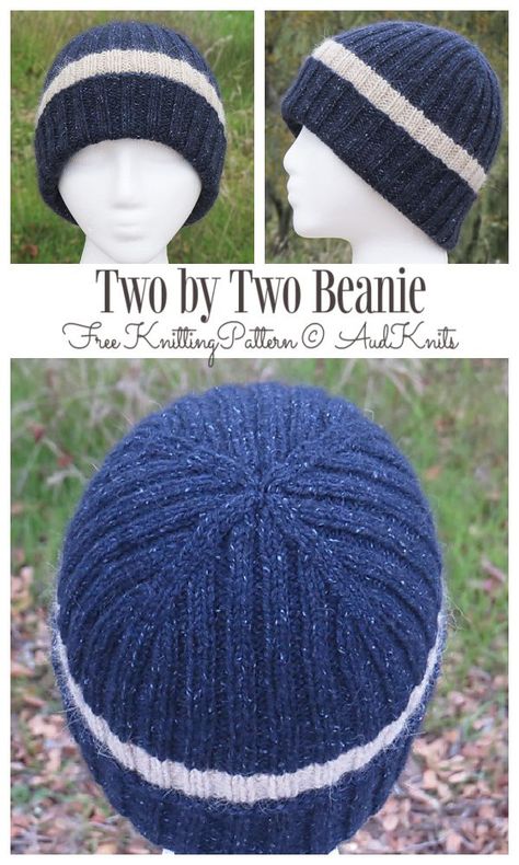 Two by Two Beanie Hat Free Knitting Pattern - Knitting Pattern Mens Hat Knitting Pattern, Mens Knit Beanie, Hat Free Knitting Pattern, Kids Hats Patterns, Knitting Gloves, Beanie Pattern Free, Beanie Knitting Patterns Free, Knit Beanie Pattern, Beginner Knitting Pattern